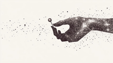 Poster - Abstract network of lines and dots forming a hand holding a pin on a white backdrop with text. The illustration depicts a celestial scene or space with stars and the universe. Vector business graphic.