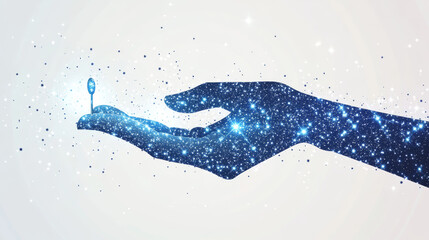 Poster - Abstract network of lines and dots forming a hand holding a pin on a white backdrop with text. The illustration depicts a celestial scene or space with stars and the universe. Vector business graphic.
