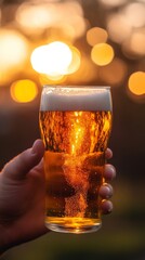 Canvas Print - Hand holding glass of beer at sunset with bokeh