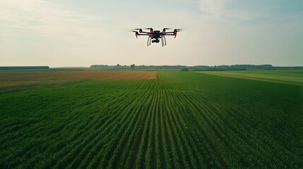 Poster - aerial photograph of a drone equipped with iot technology mapping a large farm field showcasing the 