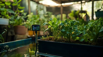 Poster - photograph showcasing iot sensors and devices seamlessly integrated into an advanced aquaponics syst