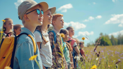 School children exploring nature on a field trip