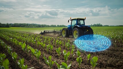 Poster - a photograph showcasing an iot powered tractor autonomously plowing fields demonstrating the advance