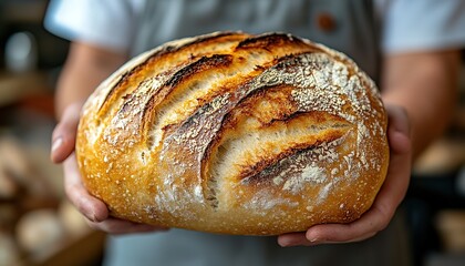 A person is holding a loaf of bread with a crusty browned surface