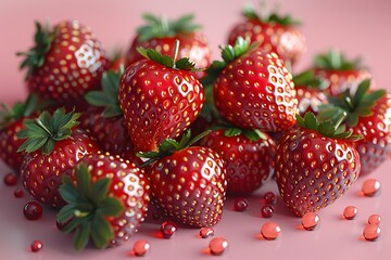 Wall Mural - A close up of a bunch of red strawberries with a pink background