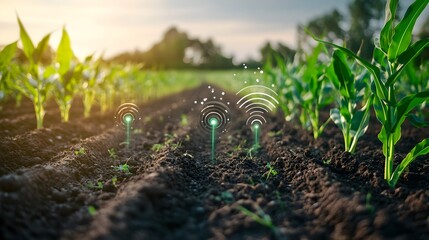 Poster - aerial view of iot enabled soil probes monitoring nutrient levels and soil conditions in a lush corn