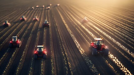 Poster - automated iot controlled tractors planting seeds in straight rows in an agricultural field with ampl