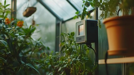 Poster - photograph of a modern smart greenhouse equipped with iot sensors for real time monitoring and autom