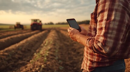 Poster - photograph of a farmer using cutting edge iot enabled wearable technology to monitor and optimize va