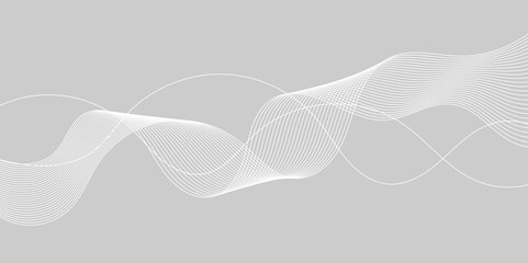 Wall Mural - Abstract white wave dynamic curve lines on gray background. Energy technology concept modern backdrop design for business, presentation, banner.