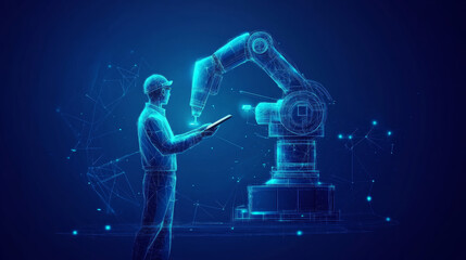 Abstract polygonal engineer managing a tablet and operating a robotic arm and tool. Smart technology in the manufacturing process depicted in dark blue. Vector illustration of industrial technology an