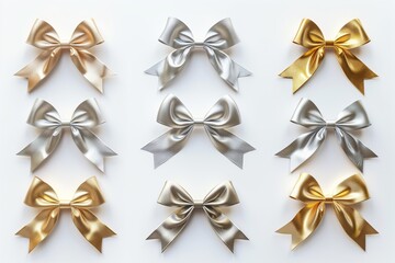 Wall Mural - Elegant arrangement of gold and silver ribbons tied into bows on a white background, perfect for gift decoration or crafting