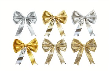 Wall Mural - Decorative ribbon bows in silver and gold arranged for festive occasions or gift wrapping in a bright, neutral background