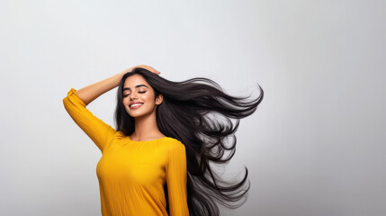 Wall Mural - young beautiful indian woman waving black hair