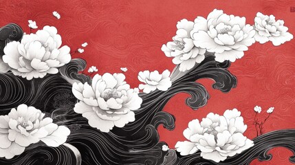 Wall Mural - Illustration of Chinese ink-style waves, dark red background