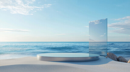 A large, round, silver structure sits on a beach next to the ocean