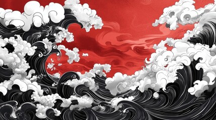 Illustration of Chinese ink-style waves, dark red background