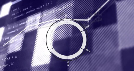 Poster - Circular data visualization animation over computer code and graphs