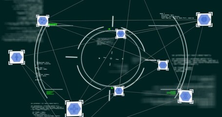 Poster - targeting system animation with geometric shapes and data processing over dark background
