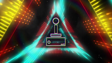 Poster - Retro joystick and console animation over neon triangle and light effects