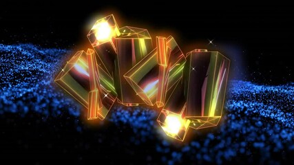 Poster - Glowing crystals and sparkling particles animation on dark background