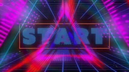Poster - START text animation with neon lights and grid lines in retro style