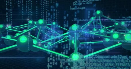 Poster - Network of connections and data processing animation over binary coding background
