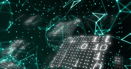 Poster - Binary code and digital network connections animation over abstract globe