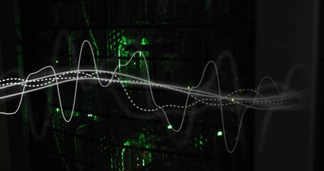 Poster - Waveform animation over green-lit server racks in data center