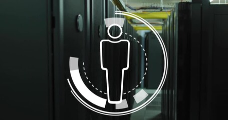 Poster - Person icon animation over server racks in data center