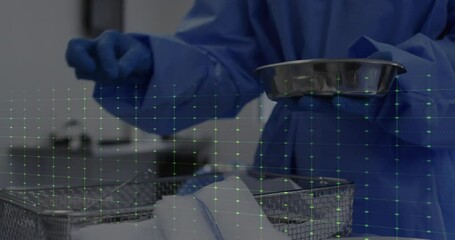 Poster - Medical data analysis animation over healthcare professional handling surgical instruments