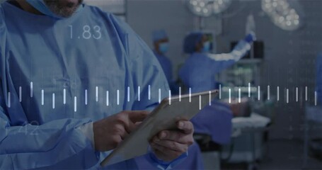 Poster - Medical data analysis animation over surgeons working in operating room