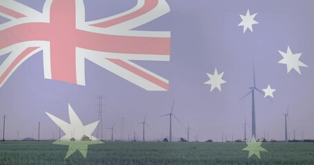 Poster - Australian flag animation over wind turbines in green field