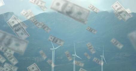 Poster - Falling dollar bills animation over wind turbines in mountainous landscape