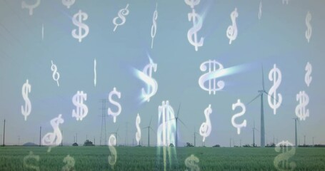 Poster - Dollar signs animation over wind turbines in green field