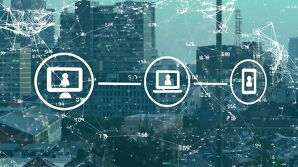 Poster - Network of connections and data processing animation over urban cityscape