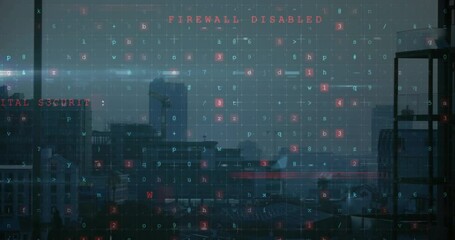 Poster - Cybersecurity threat detection animation over cityscape with warning messages