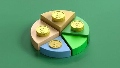 3d pie chart with coins symbolizing finance, investment, and profit distribution on a green backgrou