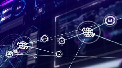 Poster - Network connections and data processing animation over digital screens and graphs