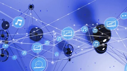 Poster - Music and technology icons connected by lines, network animation over blue background