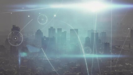 Poster - City skyline with futuristic data processing animation over buildings