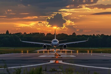 Airplane Landing at Evening Sunset with Beautiful Background