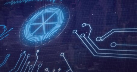 Poster - Digital circuit board and futuristic interface animation over grid background