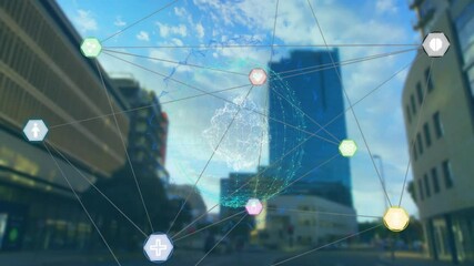 Poster - Network of connections and data processing animation over cityscape