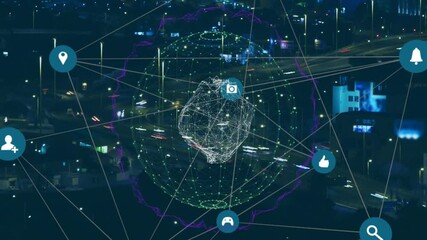 Poster - Network of connections and data processing animation over cityscape at night