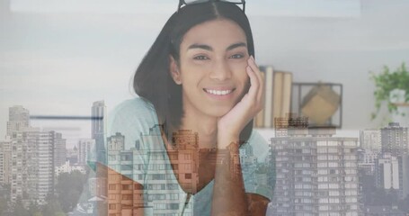 Poster - Smiling woman with glasses on head over cityscape animation