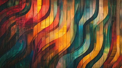 Thin wood lines in a colorful abstract pattern, set against a dynamic futuristic background, creating a vibrant and energetic design