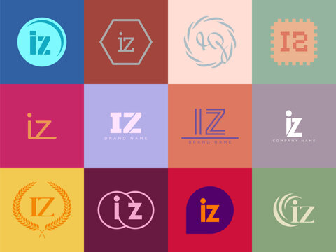 IZ logo company template. Letter i and z logotype. Set different classic serif lettering and modern bold text with design elements. Initial font typography.