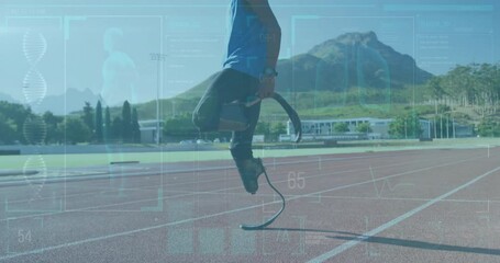 Poster - Athlete with prosthetic legs running on track with data analysis animation over