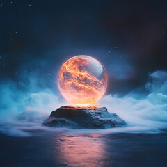 Wall Mural - A glowing ball is on top of a rock in a dark, cloudy sky. The ball is surrounded by a misty atmosphere, giving the scene a mysterious and otherworldly feel
